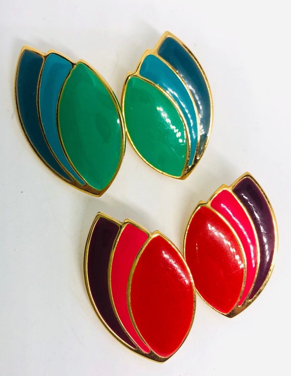 Lot of 2 Pair Large Enameled Earrings Modernist E… - image 4