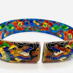 Chinese Export Sterling Silver Enamel Dragon Split Bangle Bracelet Large Fine Vintage Antique Jewelry