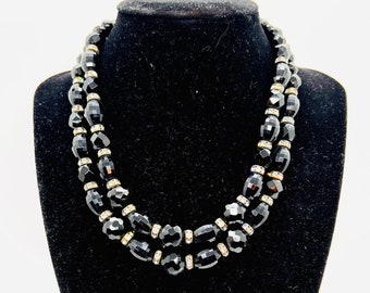 VENDOME Double Strand Black Faceted Glass Necklace Signed Vintage Designer Jewelry