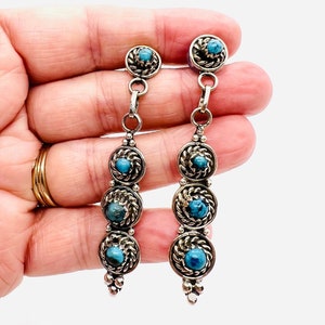 Long Sterling Silver Turquoise Drop Dangle Earrings 2 3/4” 15gm Southwest Vintage Jewelry