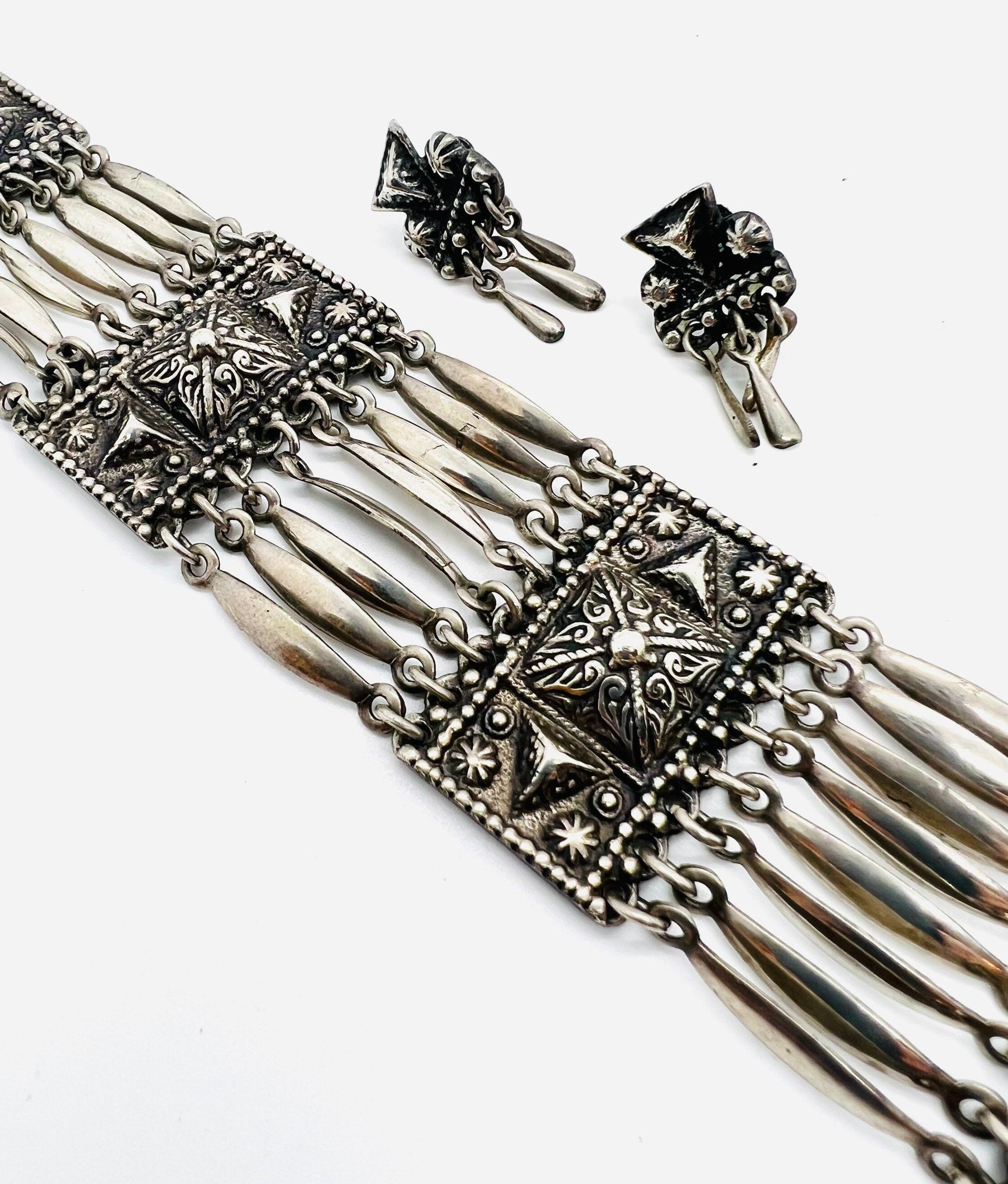 Vintage Sterling Silver Mexican Aztec Bracelet & Earrings Set - Etsy