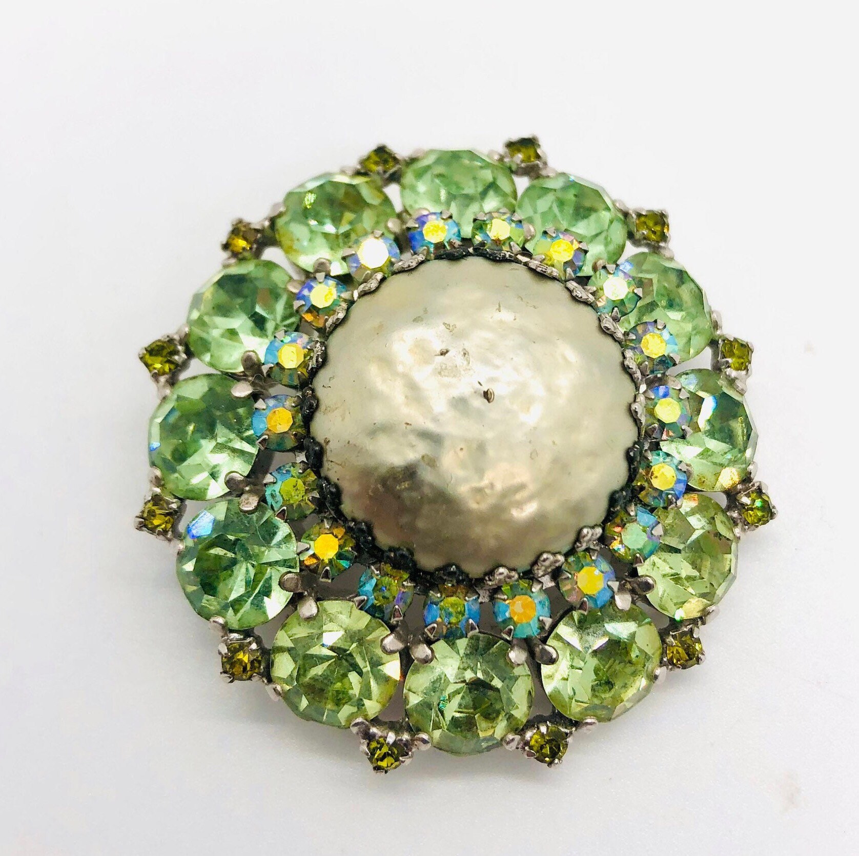 WEISS Pale Green Rhinestone & Faux Baroque Pearl Brooch