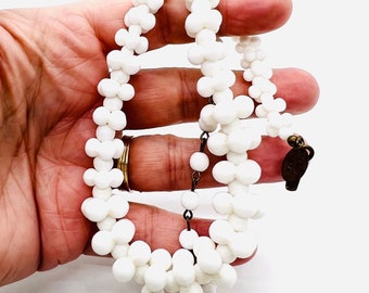 MIRIAM HASKELL Chunky White Puzzle Glass Beaded Necklace Signed Vintage Designer Jewelry