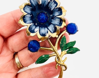 Large 1930’s Blue Enamel & Rhinestone Flower Brooch 3 1/2 Inch Vintage Jewelry