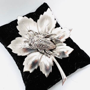 Large Sterling Silver Marcasite Beetle Leaf Brooch 22.3gm 2 3/4 inches Fine Vintage Designer Jewelry