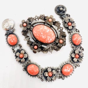 Art Deco Mottled Art Glass Flowers Brooch & Bracelet Demi Vintage Antique Jewelry