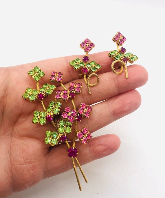 Beautiful Large Pink & Green Rhinestone Brooch an… - image 7