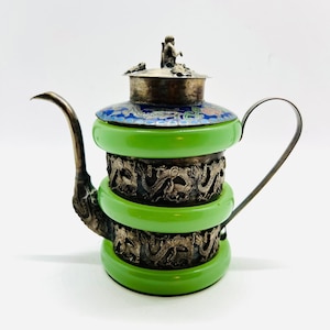 Antique Chinese Silver Plated Jade Cloisonné Enamel Teapot Monkey Dragons Frogs Asian Export Antique