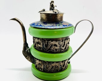 Antique Chinese Silver Plated Jade Cloisonné Enamel Teapot Monkey Dragons Frogs Asian Export Antique