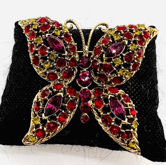 Large Jewel Tone Rhinestone Butterfly Brooch Gold… - image 2