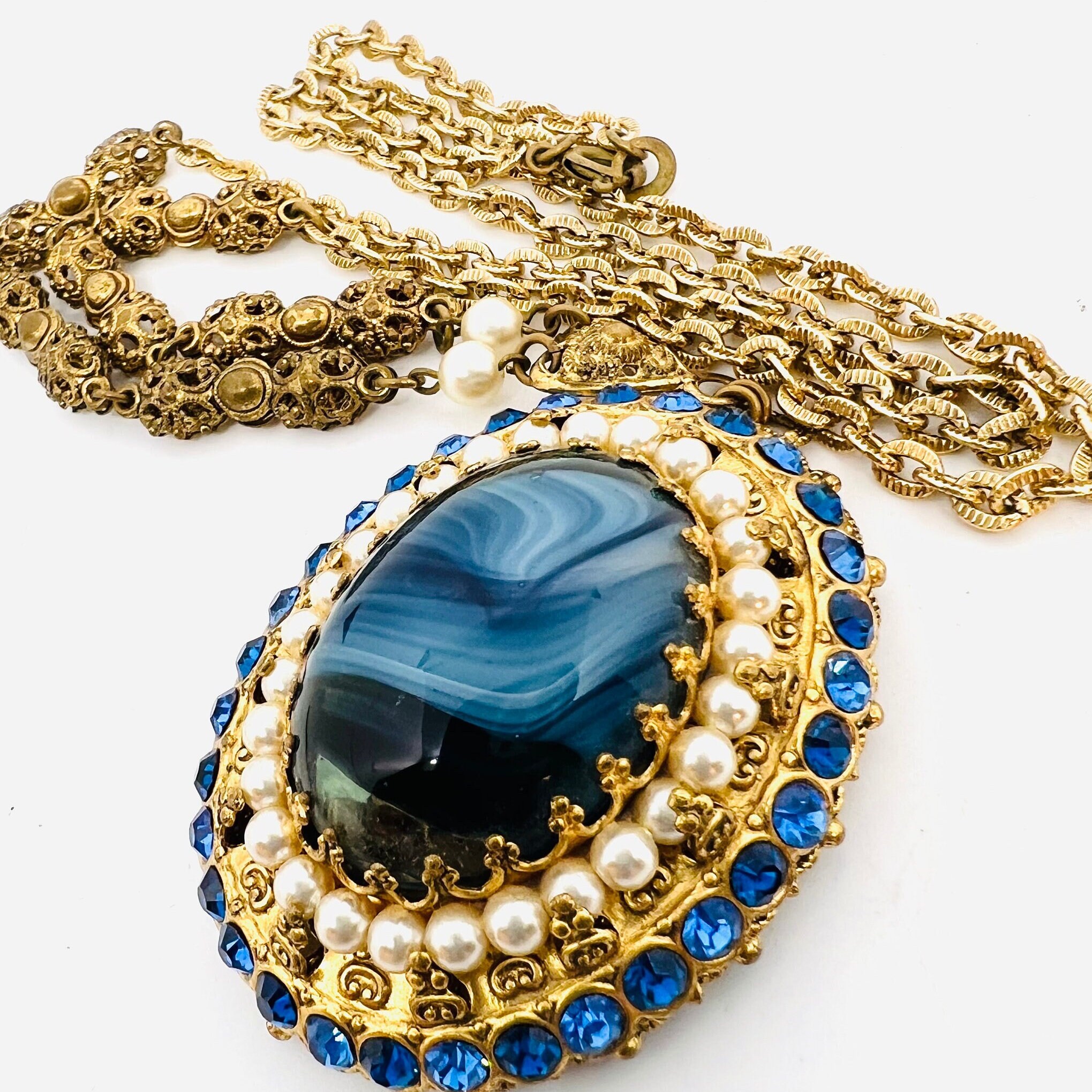 WEST GERMANY Blue Slag Glass Faux Pearl & Rhinestone