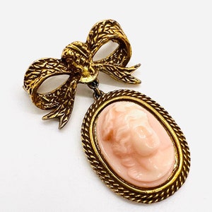 Faux Angel Skin Coral High Relief Cameo Dangle Bow Brooch Vintage Jewelry