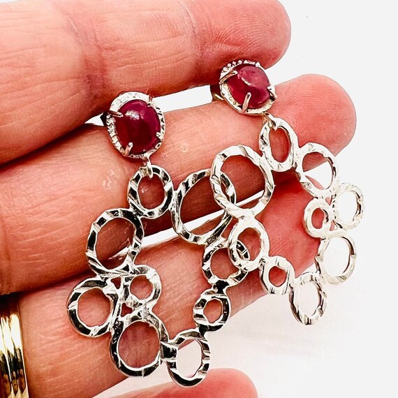 Sterling Silver Modernist Ruby Cabochon Drop Dang… - image 7