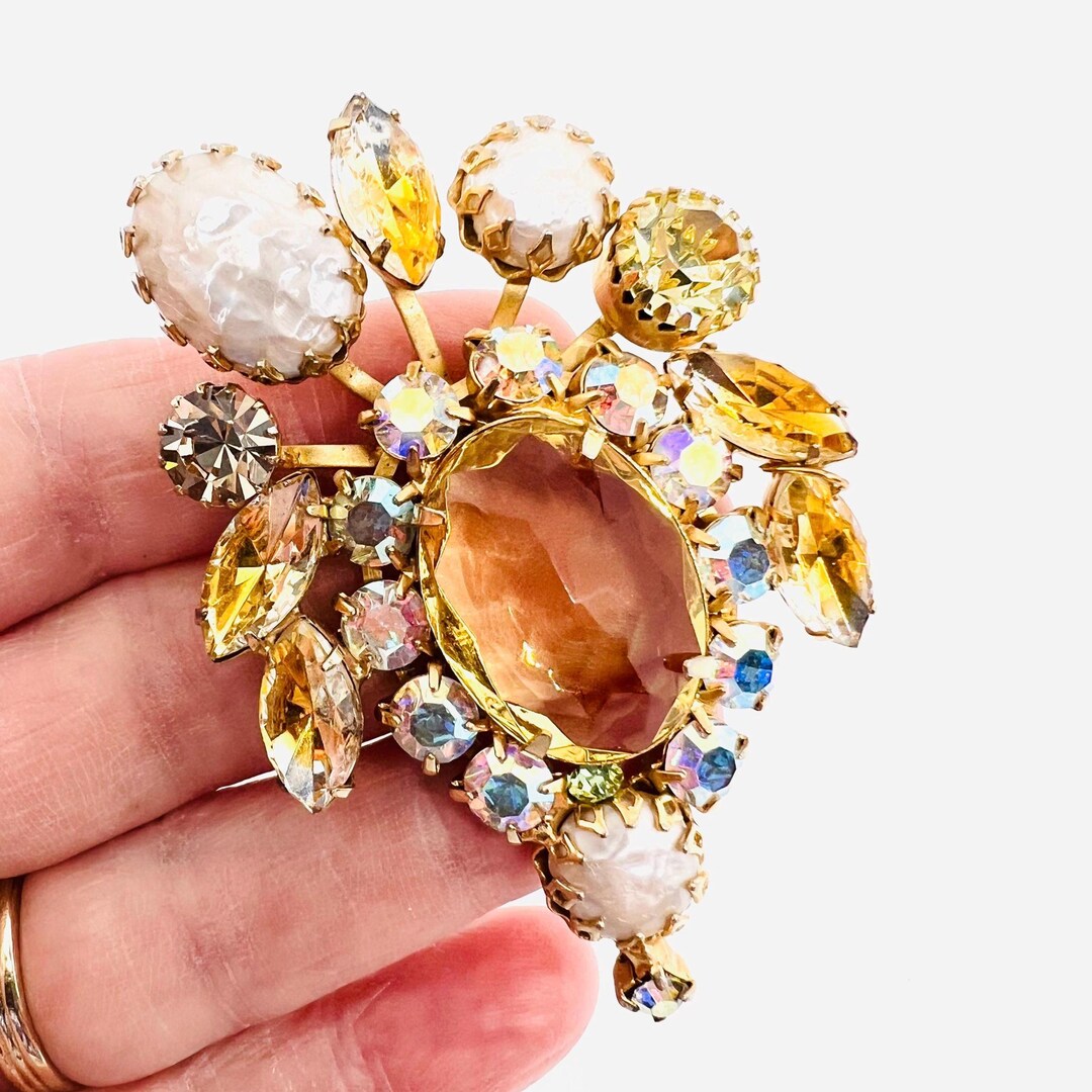 Large REGENCY Citrine Rhinestone & Faux Baroque Pearl Brooch Vintage ...