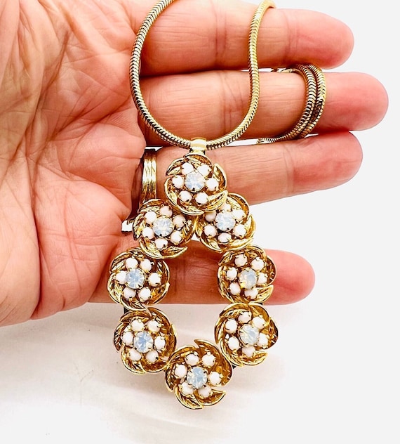 HOBE Opalescent Glass white Rhinestone Filigree Necklace Signed Vintage Designer Jewelry Etsy