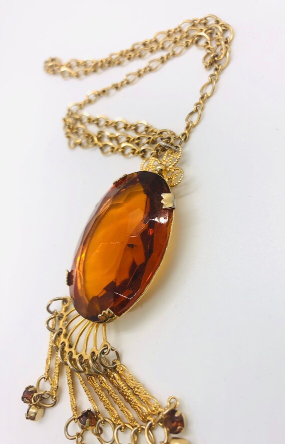 Faceted Amber Glass Necklace Rhinestone Dangles V… - image 5