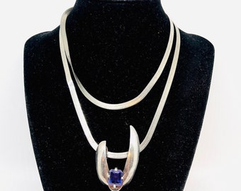 Large Modernist Sterling Silver & Amethyst Necklace 32gm Gemstone Fine Vintage Jewelry