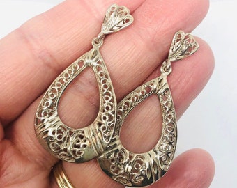 Long Sterling Silver Filigree Openwork Drop Dangle Earrings Vintage Fine Jewelry