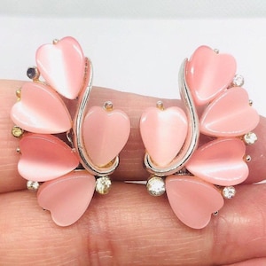 Signed LISNER Thermoset Lucite Earrings Pink Hearts Rhinestones Vintage Designer Jewelry