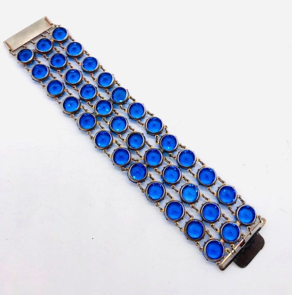 Art Deco Wide Royal Blue Rhinestone Glass Bracele… - image 10