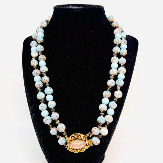 Double Strand Czech Hubbell Glass Beaded Necklace Fancy Clasp