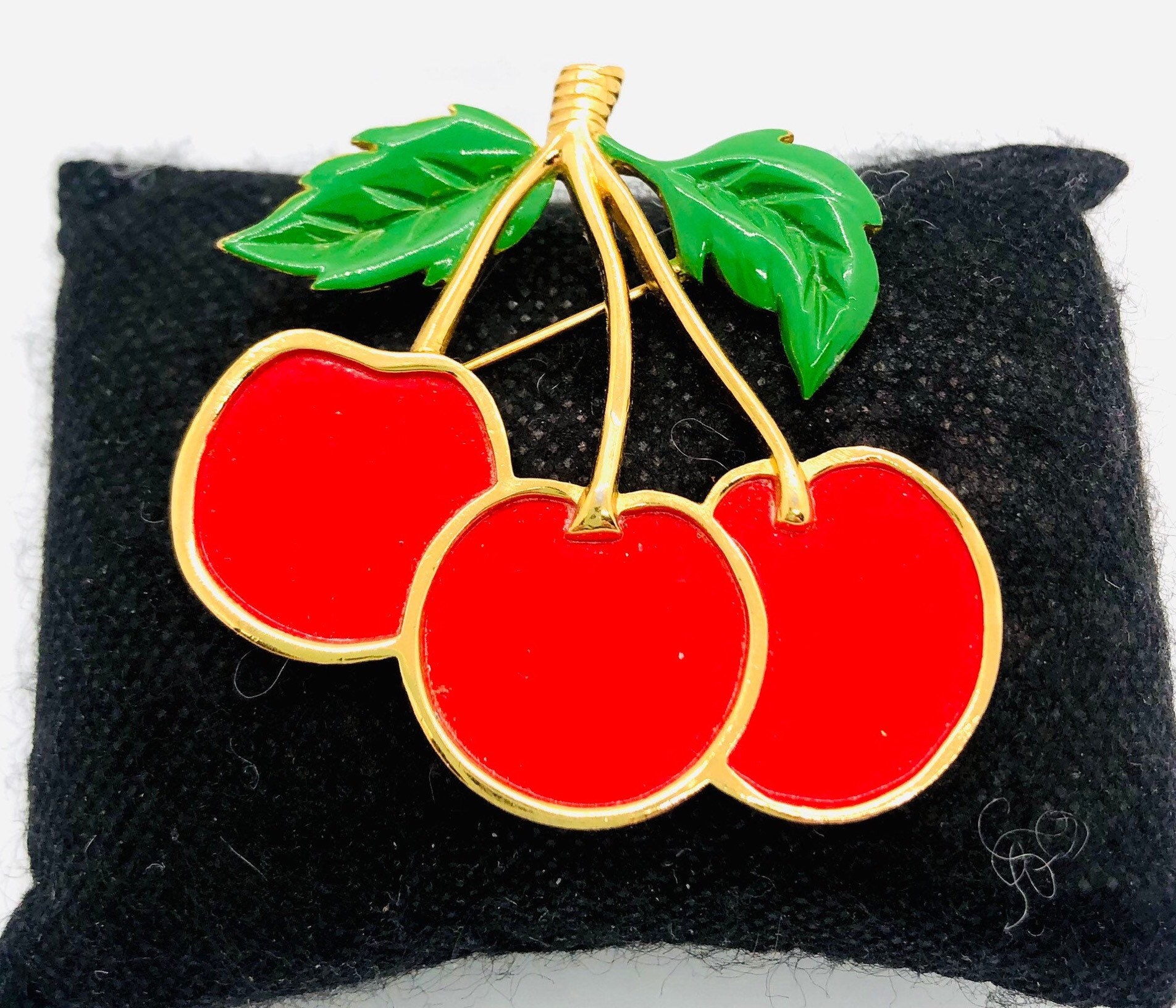 Large TRIFARI Enameled Triple CHERRIES Brooch Signed Vintage