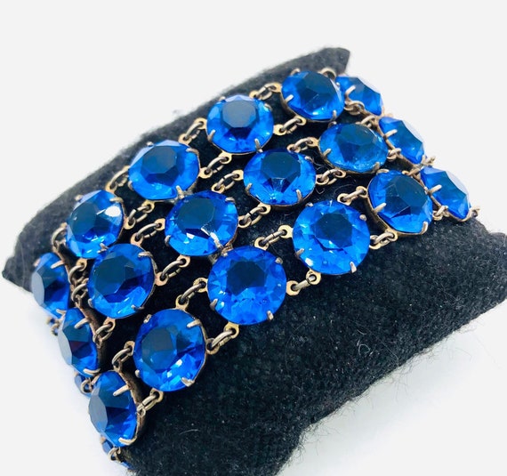 Art Deco Wide Royal Blue Rhinestone Glass Bracele… - image 5