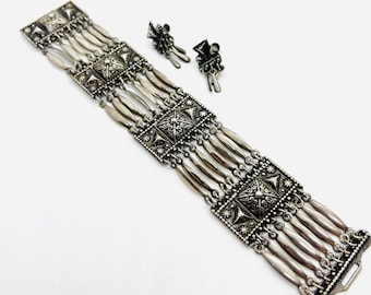 Vintage Sterling Silver Mexican Aztec Bracelet & Earrings