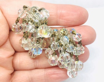 Long AB Crystal Cha Cha Waterfall EARRINGS Clip Backs 1 5/8” Vintage Jewelry