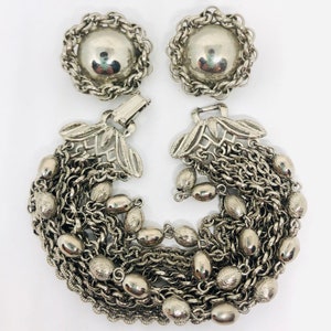 Excellent Multi Strand Bracelet and Earrings Demi Silver Tone Vintage Designer Jewelry