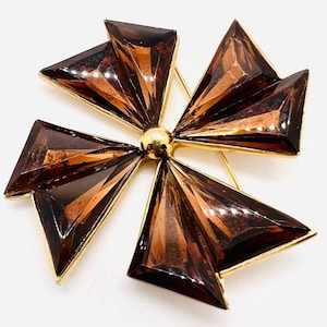 Vintage Topaz Glass Maltese Cross Brooch: Geometric Pinwheel Jewelry