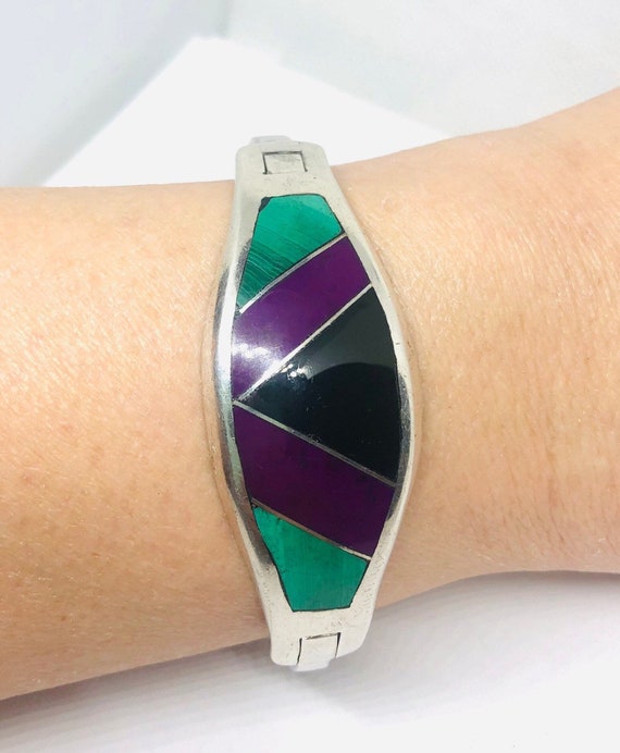Wide Sterling Silver Taxco Mexico Inlay Bracelet … - image 3