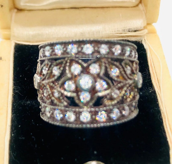 Wide Sterling Silver & Clear Cubic Zirconia Ring 7.15gm Sz 5