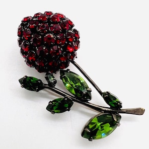 Larger SCHREINER Red Rhinestone Cherry Brooch 2 1/8inch Signed Vintage Designer Jewelry