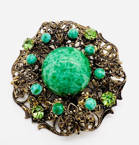 Czech Ornate Peking Glass Filigree Brooch Jade Gl… - image 7