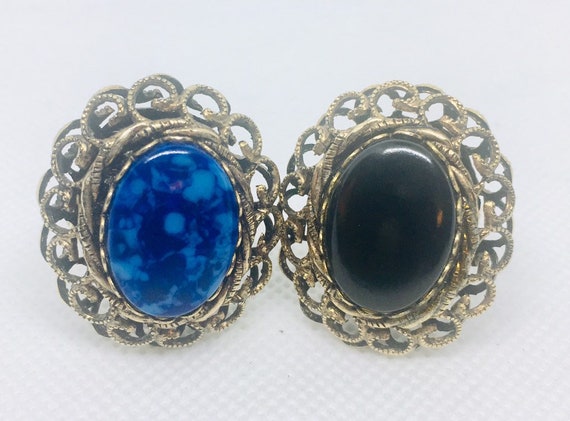 Lot 2 Costume RINGS  Large Faux Lapis & Onyx Fili… - image 2