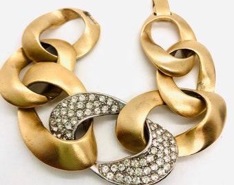 Wide Pave Rhinestone Ribbon Bracelet Matte Gold Tone Vintage Designer Jewelry