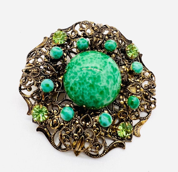 Czech Ornate Peking Glass Filigree Brooch Jade Gl… - image 8