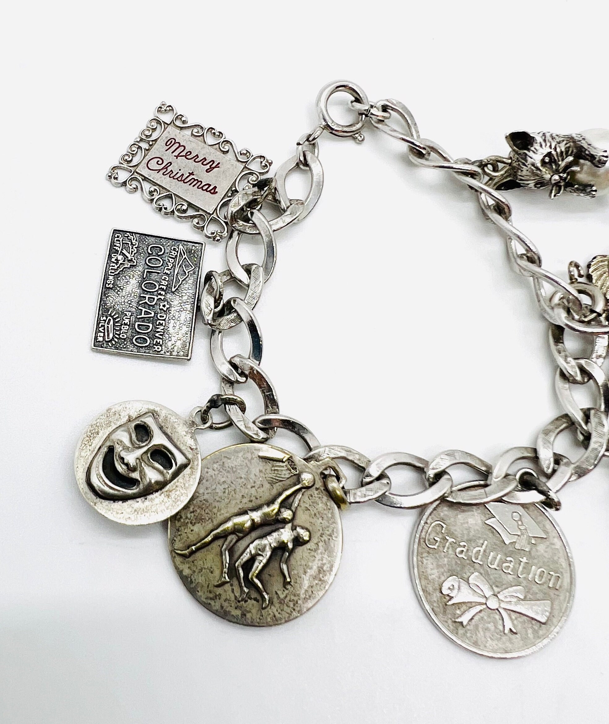 Sterling Silver Charm Bracelet 8 Charms 39gm Cat Horses Fine