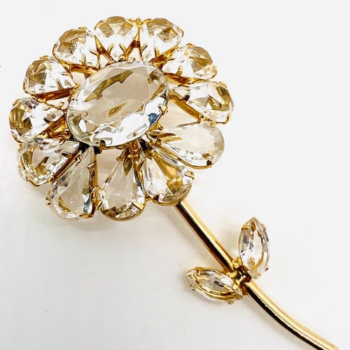 Large 3 Inch Sparkling Clear Rhinestone Stylized Flower shops Brooch Vintage Designer Jewelry