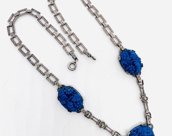 Art Deco Ornate Sterling Silver Molded Lapis Glass Necklace Fine Vintage Antique Jewelry