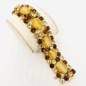 Wide Yellow Moonstone Glass & Jonquil Rhinestone Bracelet Vintage Designer Jewelry