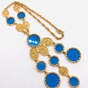 Long Dangling Filigree & Blue Disc Necklace Gold Tone Vintage Jewelry