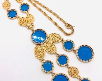 Long Dangling Filigree & Blue Disc Necklace Gold Tone Vintage Jewelry