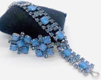 Blue Moonstone Glass & Rhinestone Bracelet Earrings Demi Vintage Designer Jewelry