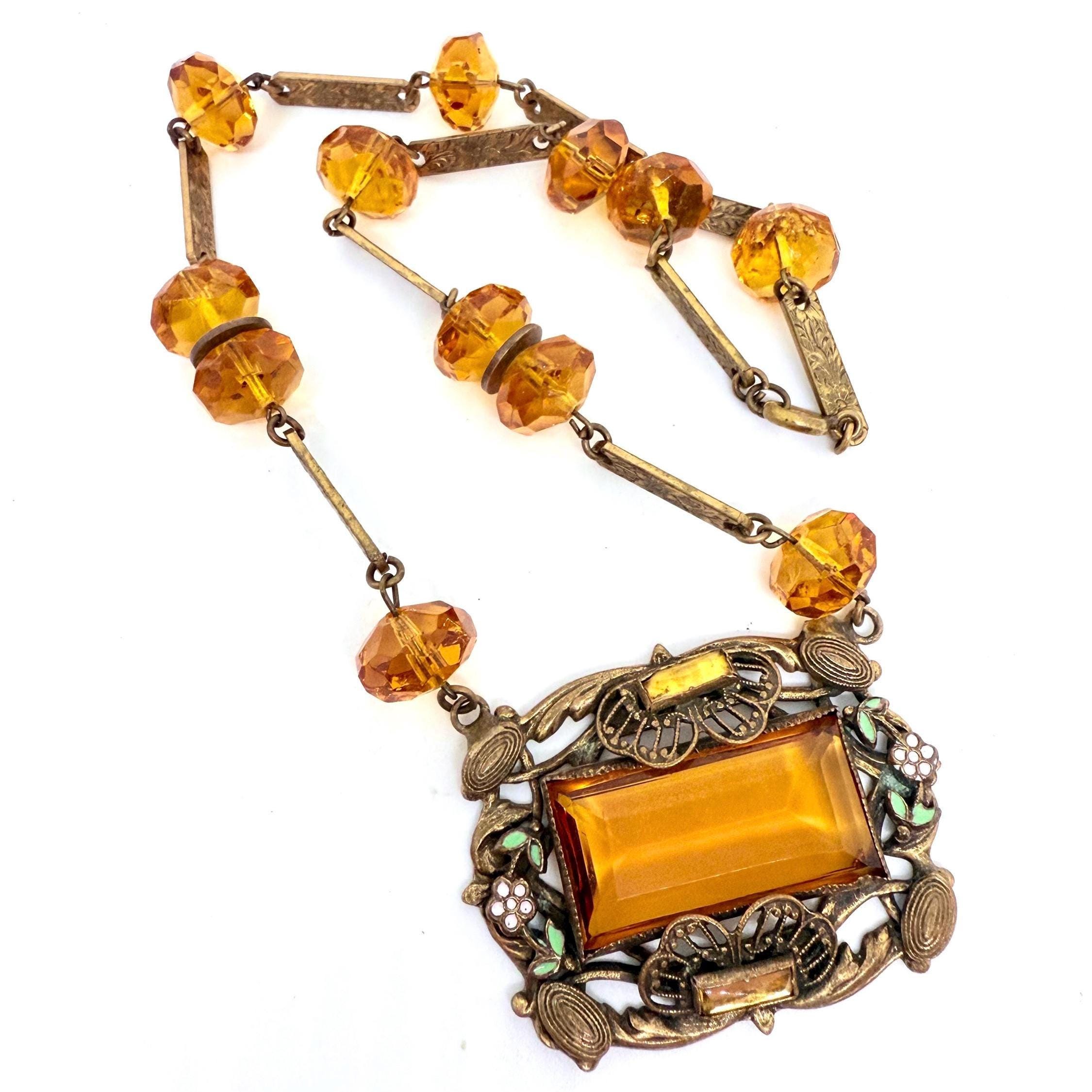 Art Deco Czech Neiger Bros Ornate Enameled Topaz Glass Necklace