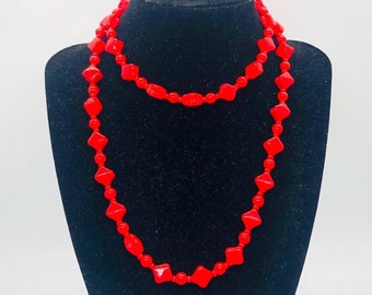 Long Lipstick Red Glass Beaded Necklace Square Beads Vintage Jewelry