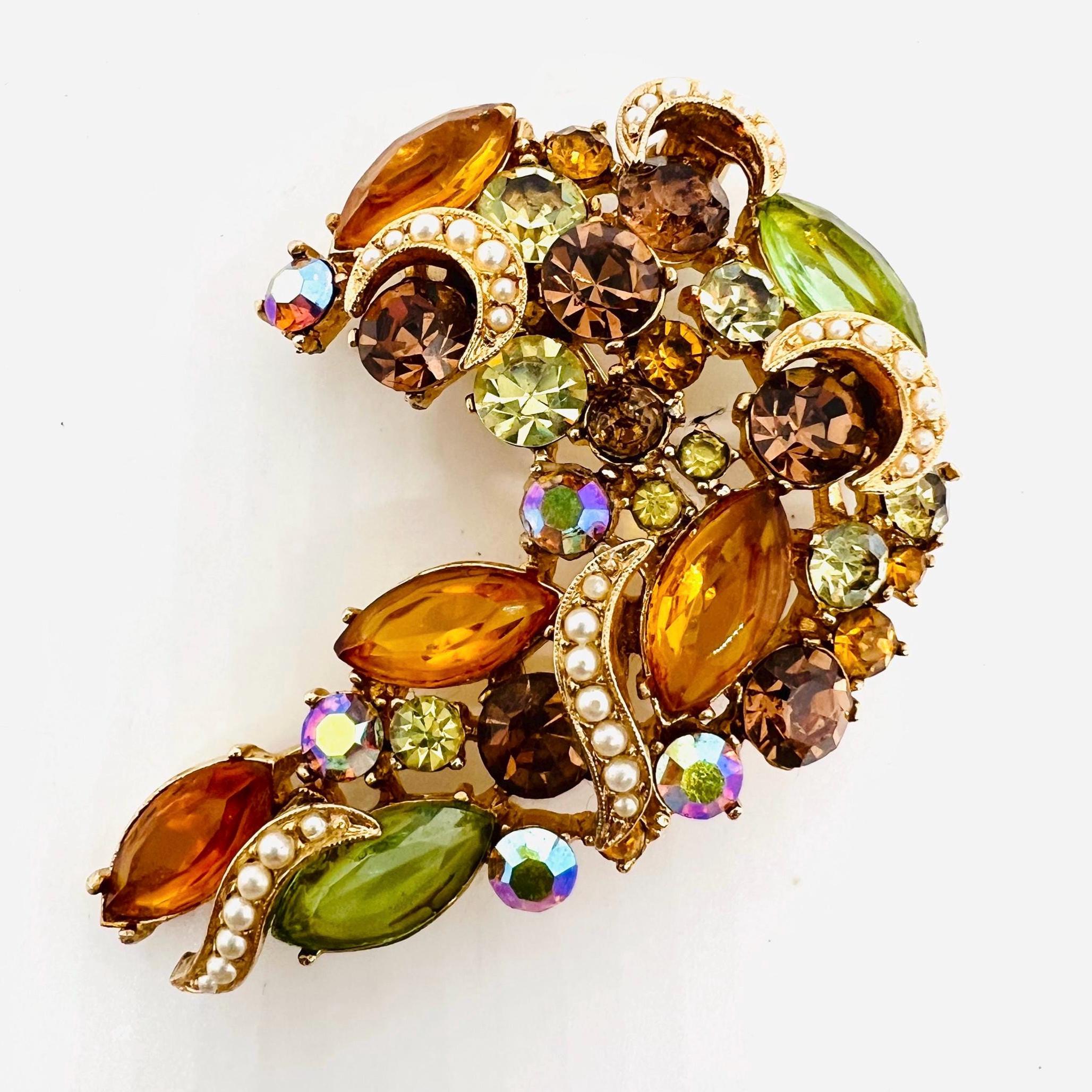 Large WEISS Autumn Colored Rhinestone & Faux Pearl Ribbon Brooch ...