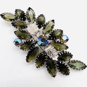 Large Smoky Gray Rhinestones Brooch Metal Leaf Overlays Vintage Designer Jewelry