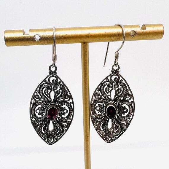 Sterling Silver Filigree Garnet Dangle Earrings: Vintage